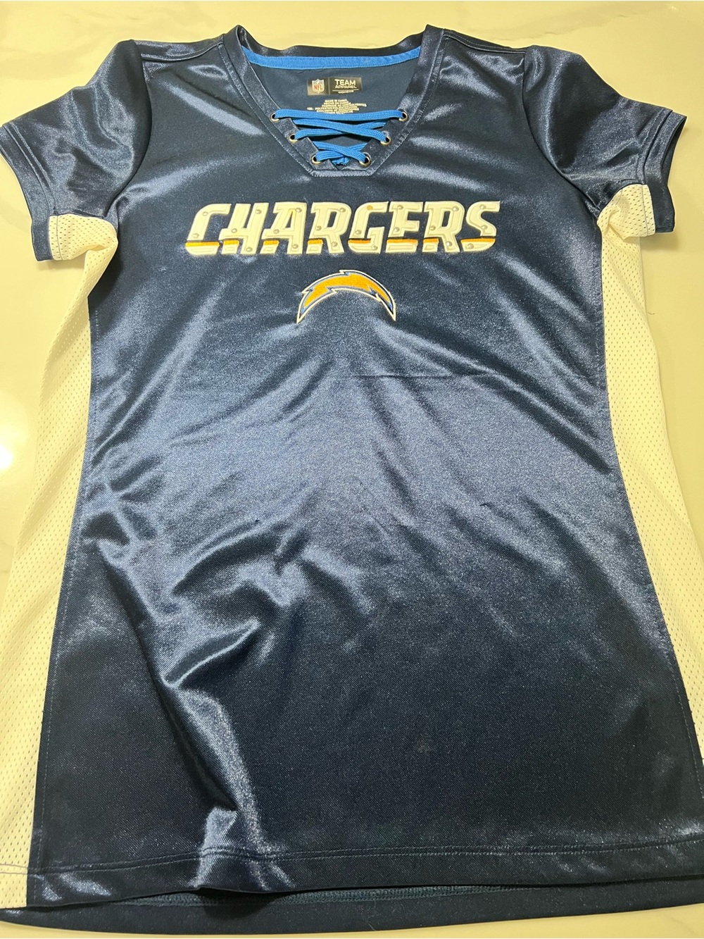 NFL Chargers Girls' Navy Blue Lace-Up Short Sleeve Top. Size M